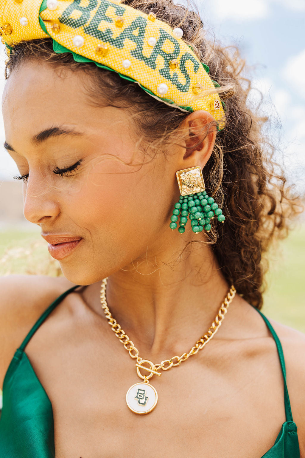 Square BC Icon Green Beaded Earrings