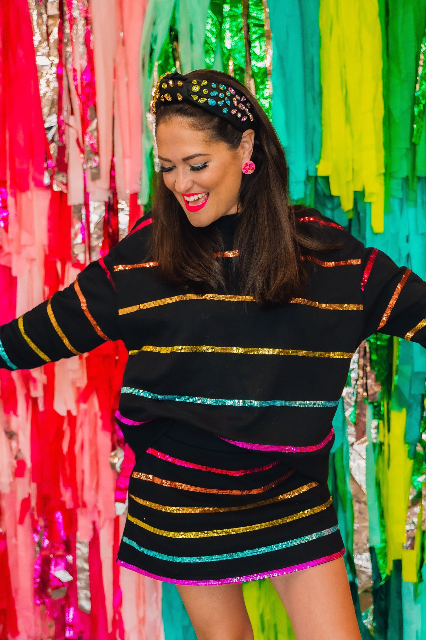 BC Black Rainbow Sequin Stripe Sweatshirt & Skirt Set