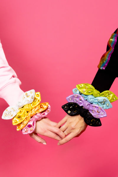 Shimmer Bow Scrunchie with Hand Sewn Crystals in Yellow