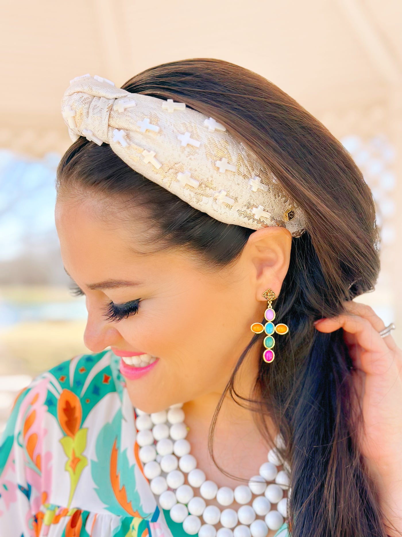 Ivory Brocade Headband with Pearl Crosses