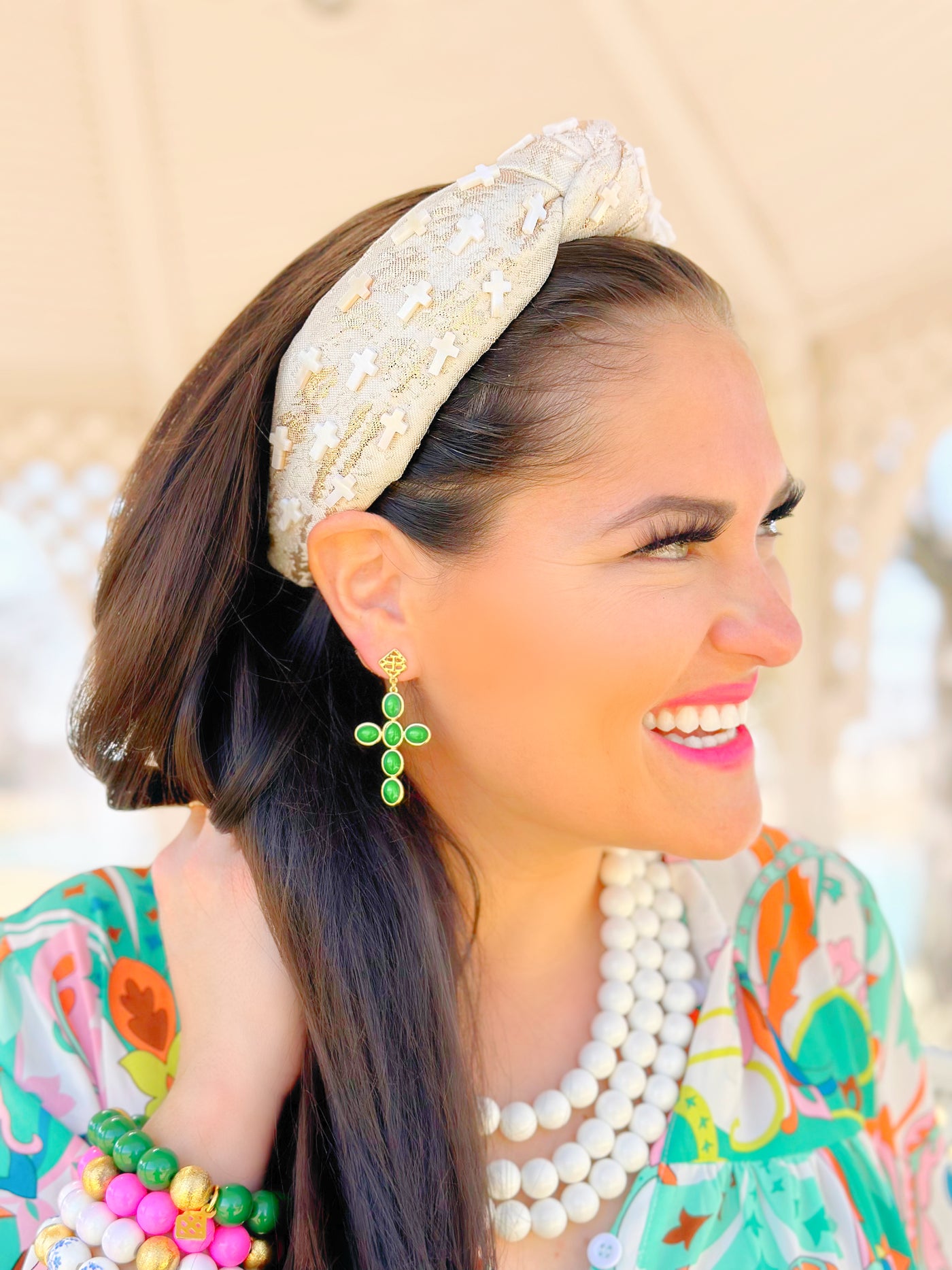 Ivory Brocade Headband with Pearl Crosses